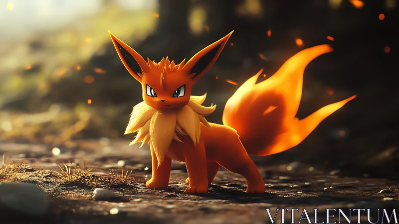 Fiery fox-like creature stands on forest floor at dusk