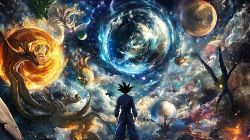 Cosmic warrior confronting swirling multiverse of dragons.