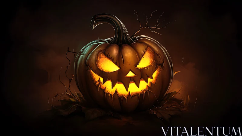 Carved jack o lantern displays internal light on dark ground