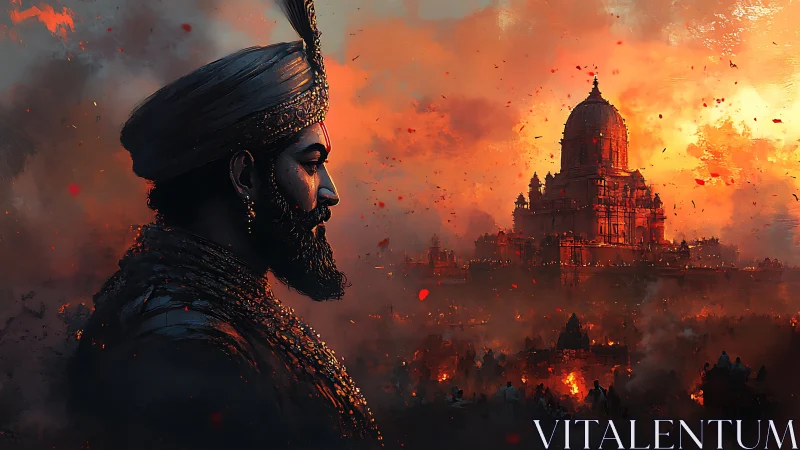 Warrior in profile before burning domed city at dusk.