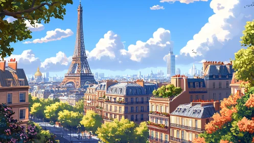 Paris rooftop skyline under clear blue summer light.