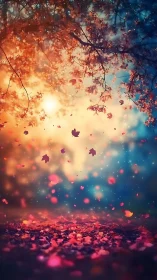 Autumn leaves drift through glowing bokeh sunset forest