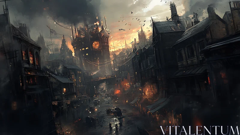 Smoky steampunk city street glows under a fading sunset sky