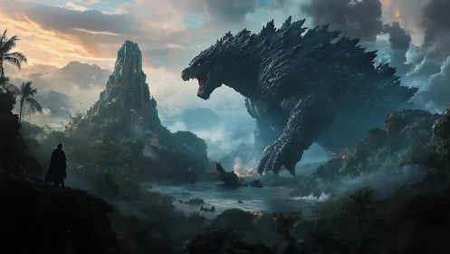 Colossal reptilian titan roars above misty jungle lagoon.