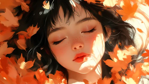 Soft-lit digital portrait isolates freckled face amid motion-blurred leaves