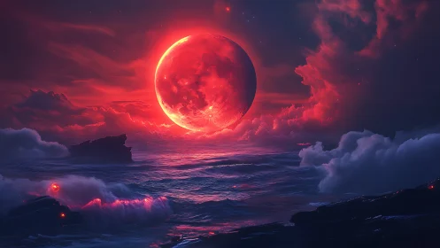 Red celestial body illuminates turbulent ocean under clouds