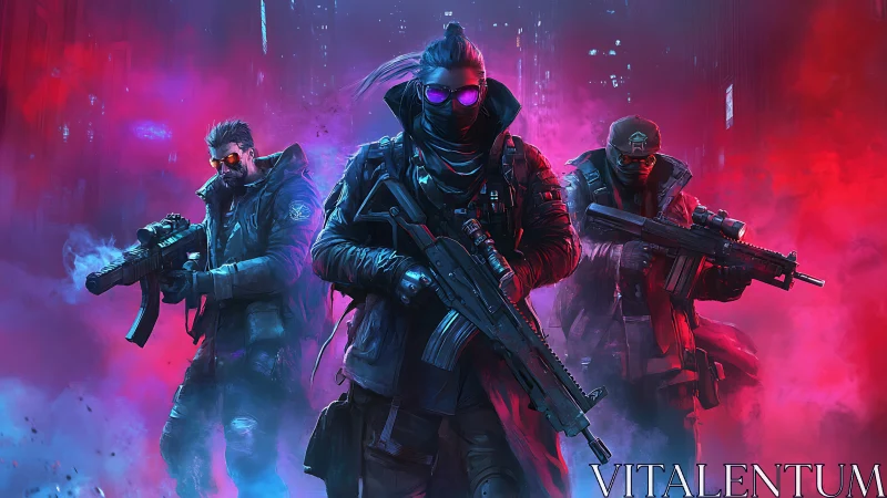 Neon stormwalkers carve a path through vapor-bright city fog