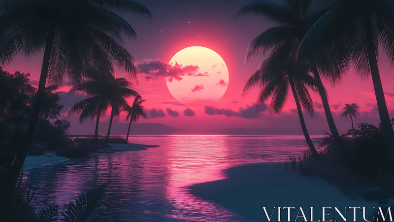 Neon moonlight floods tropical beach under glowing sky