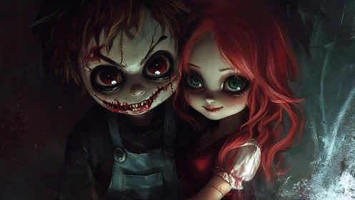 Creepy stylized children stand close together in dark scene