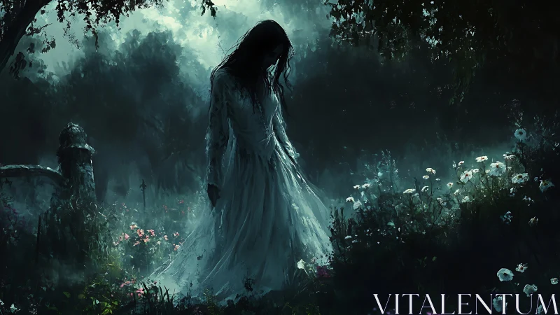 Backlit spectral woman in misty graveyard meadow with diffuse bloom