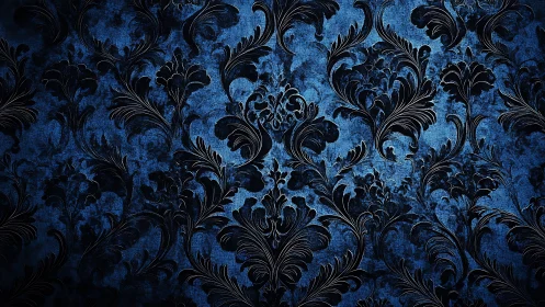 Ornate blue damask wallpaper creates moody vintage elegance