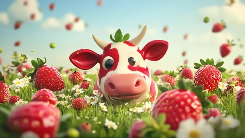 3D stylized strawberry cow in lush spring meadow panorama.