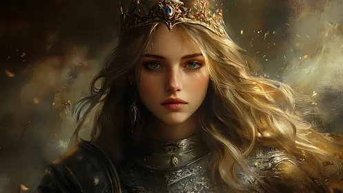 Warrior queen in ornate crown stares through drifting embers