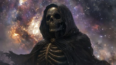 Celestial skeletal figure in tattered cloak emerges from nebula field