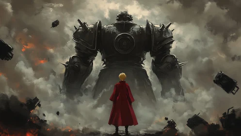 Lone cloaked figure confronts giant armored mech in smoke