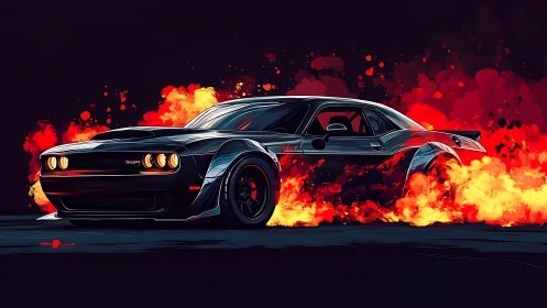 High-contrast muscle car burnout amid stylized inferno flames