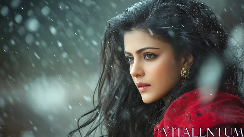 Profile view of woman in snowfall with red coat detail.