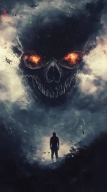 Lone wanderer confronts infernal skull storm in burning dusk.