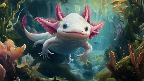 Axolotl swims through refracted light in dense aquatic vegetation