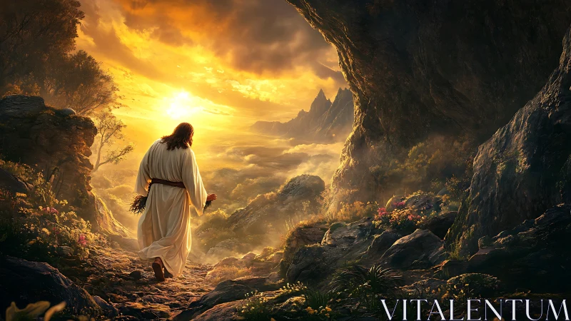 Figure in white robe walks toward vivid golden sunrise landscape.