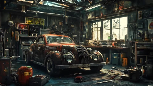 Rusty vintage coupe sits in cluttered, dimly lit workshop