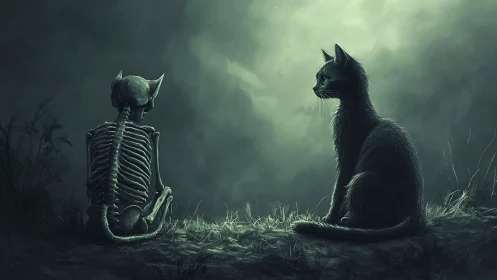 Digital painting of cat and feline skeleton in nocturne vignette.