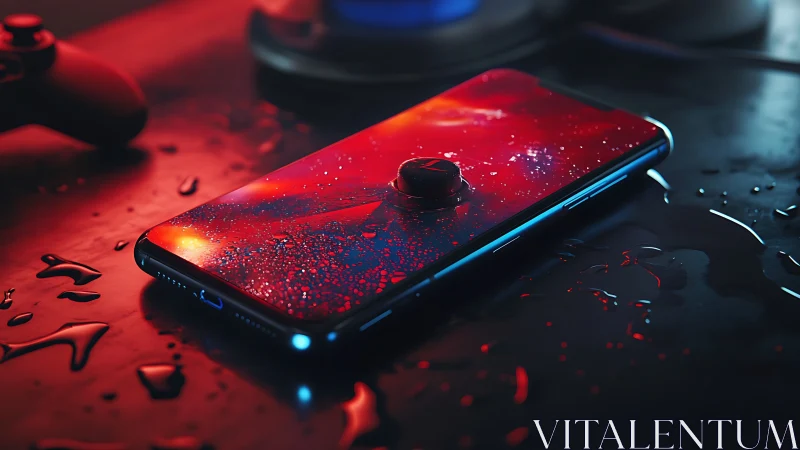 Smartphone on wet gaming desk with controller in background.