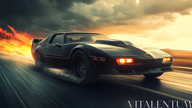 Midnight muscle car outruns the sunset on burning asphalt