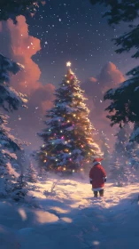 Snowy forest Christmas tree with glowing lights at dusk.