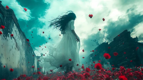 Woman in white dress walking through red flower field.
