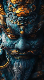 3D baroque guardian mask with teal patina and molten gold highlights.