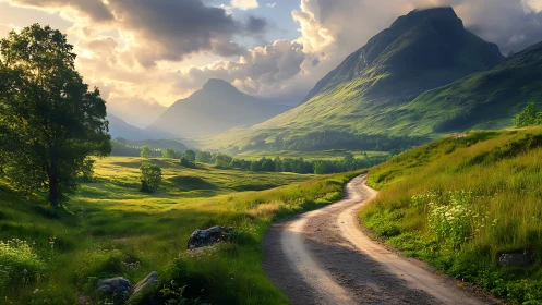 Mountain valley landscape with dirt road at low sun angle.