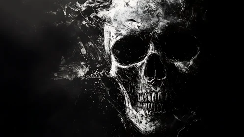 High-contrast splatter-rendered cranial skull on void field.