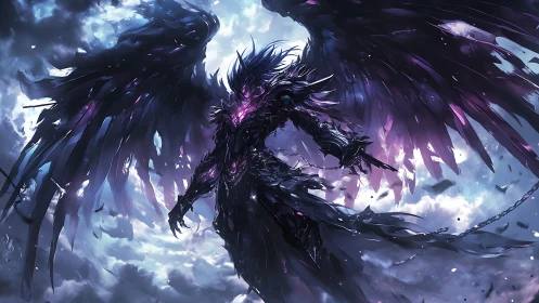 Armored void angel emerges in stormlit sky with fracturing wings