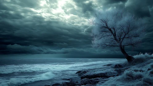 Storm-lit coastal tree rendered with cyan-toned atmospheric depth