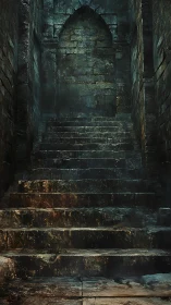 Ancient stone stairway ascends toward sealed archway