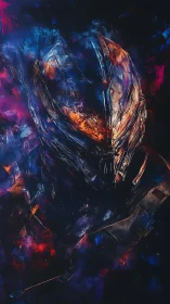 Armored sci-fi warrior dissolves into cosmic neon storm.