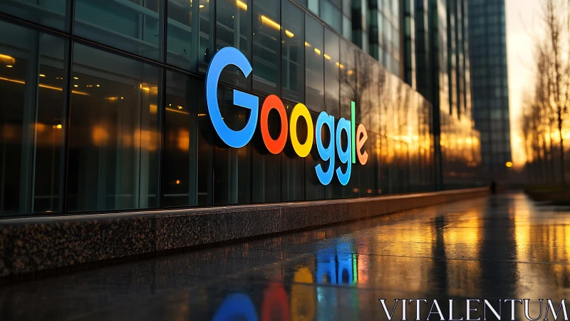 Colorful office logo glows against sleek glass at sunset