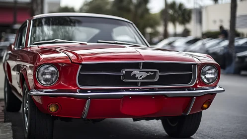 Classic red Ford Mustang gleams in a modern city street.