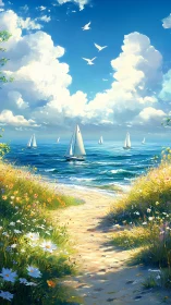 Sailboats glide beyond a sunlit dune path to sea.