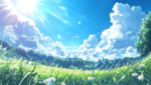 Sunlit summer meadow stretches under towering cumulus clouds