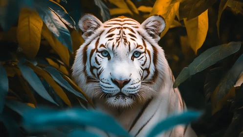 White tiger portrait framed by high-contrast cyan and amber foliage