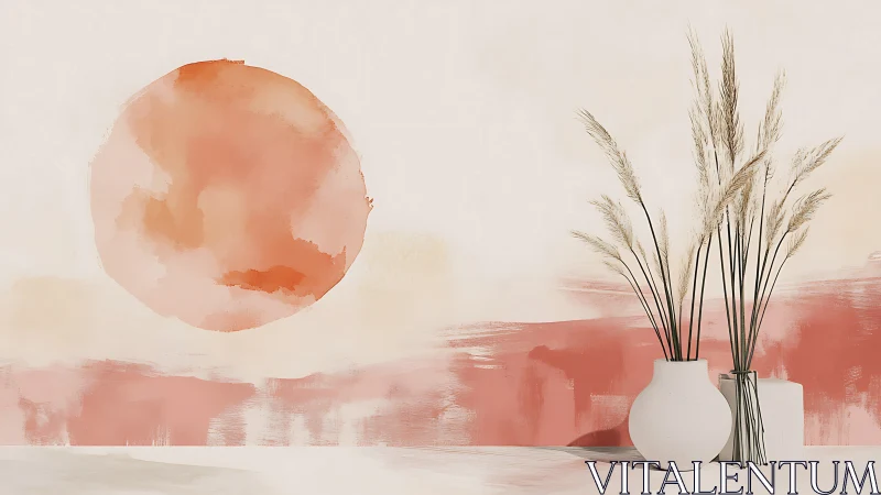 Soft terracotta sun and dried grass in minimalist still life.