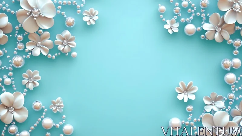 Pearl flower garlands frame glossy turquoise background