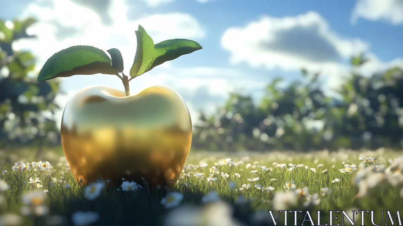 Golden apple with sprouting stem in sunlit meadow field.