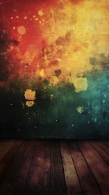 Moody painted wall and wooden floor in glowing color wash.