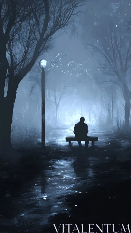 Solitary figure on bench in misty blue nocturnal park.