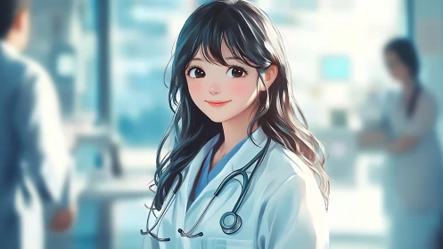 Young female doctor stands in bright hospital corridor