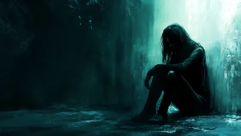 Melancholy silhouette soaking in teal stormlight silence.