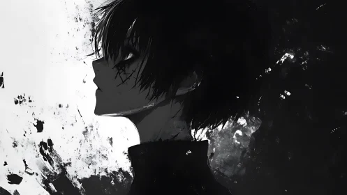 Profile of solitary anime boy in stark monochrome contrast.